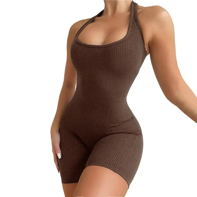 Damen Jumpsuit Gerippt U-Hals Mouwloos 4