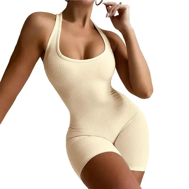 Damen Jumpsuit Gerippt U-Hals Mouwloos 6