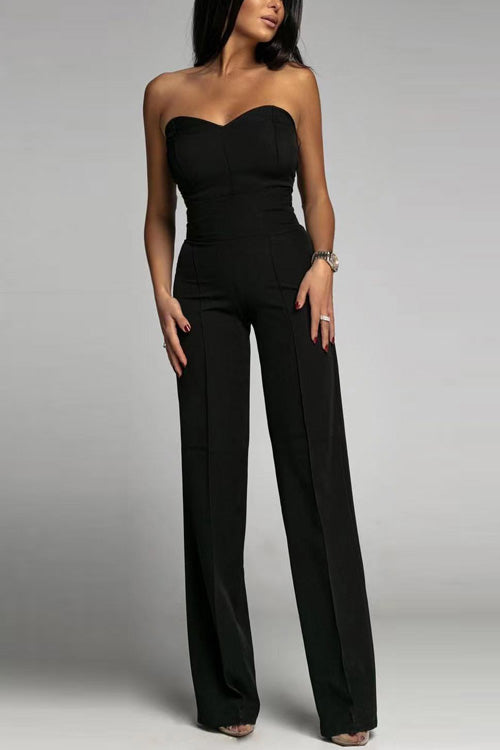 Damen Jumpsuit Hochtailliert Schulterfrei Festlich Schwarz 2