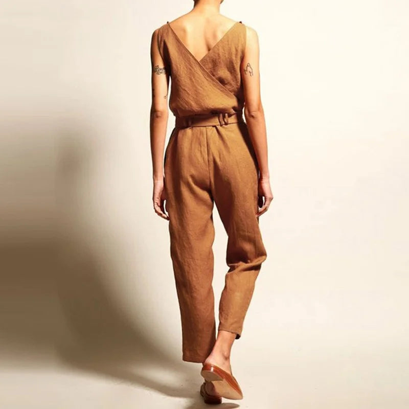 Damen Jumpsuit Lässig Leinen Mit Taillengürtel 3