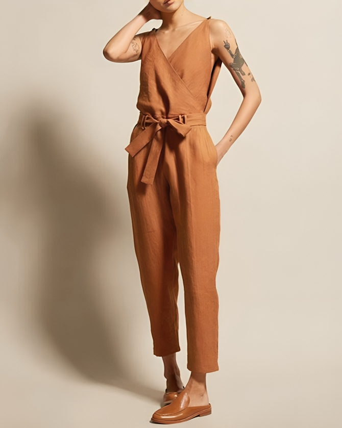 Damen Jumpsuit Lässig Leinen Mit Taillengürtel 6