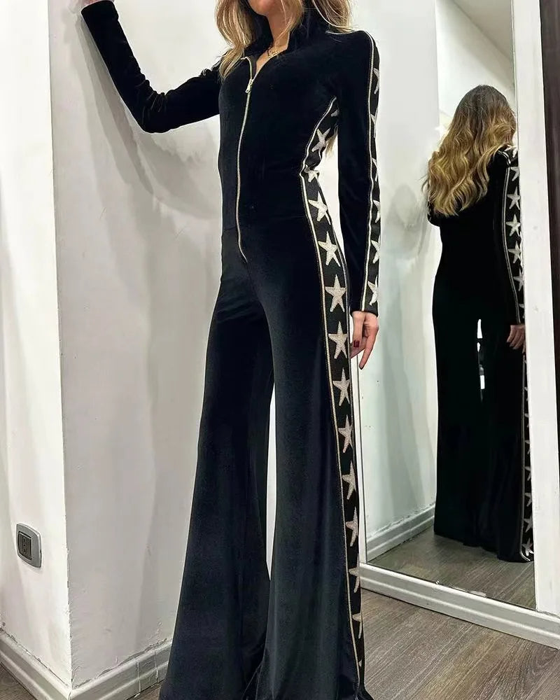 Damen Jumpsuit mit weitem Bein und Stern-Druck 7