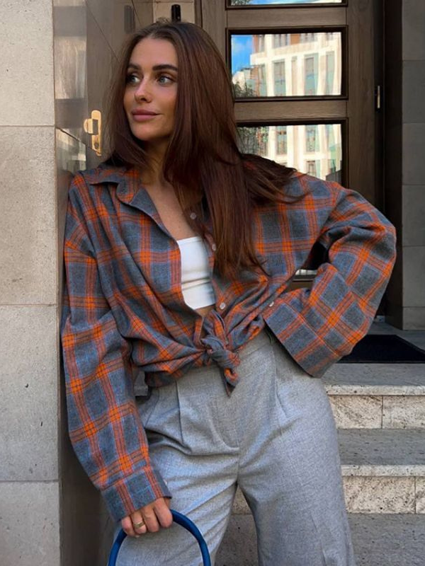 Damen Karo Hemdbluse Oversized Baumwolle 2