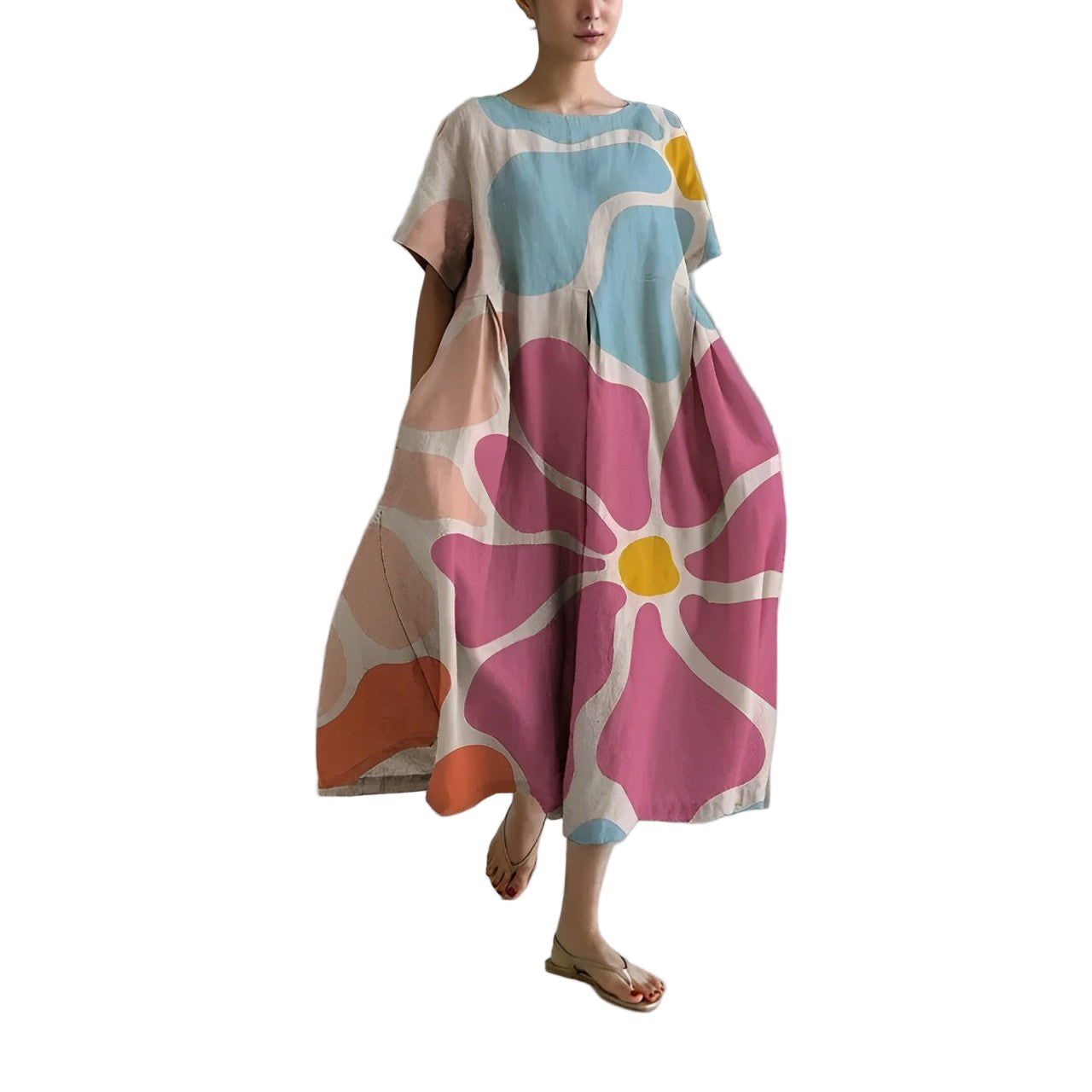 Damen Kleid Blumendruck Baumwolle Figurbetont Kurzarm Sommerkleid 0