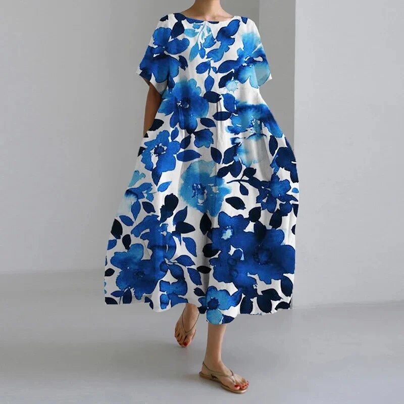 Damen Kleid Blumendruck Baumwolle Figurbetont Kurzarm Sommerkleid 10