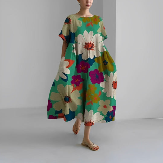Damen Kleid Blumendruck Baumwolle Figurbetont Kurzarm Sommerkleid 5