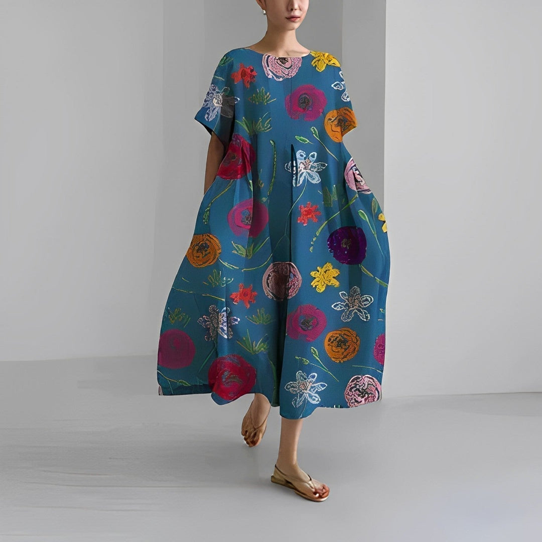 Damen Kleid Blumendruck Baumwolle Figurbetont Kurzarm Sommerkleid 6