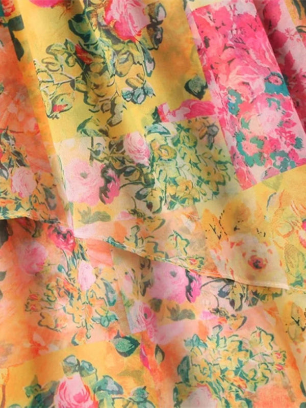 Damen Kleid Floral Muster Mit Schnürung Farbblock Design Polyester 1