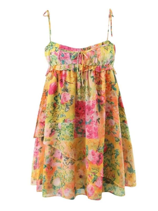 Damen Kleid Floral Muster Mit Schnürung Farbblock Design Polyester 4