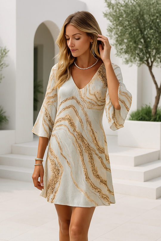 Damen Kleid Kurz V-Ausschnitt Marmorprint Leichtes Material 1