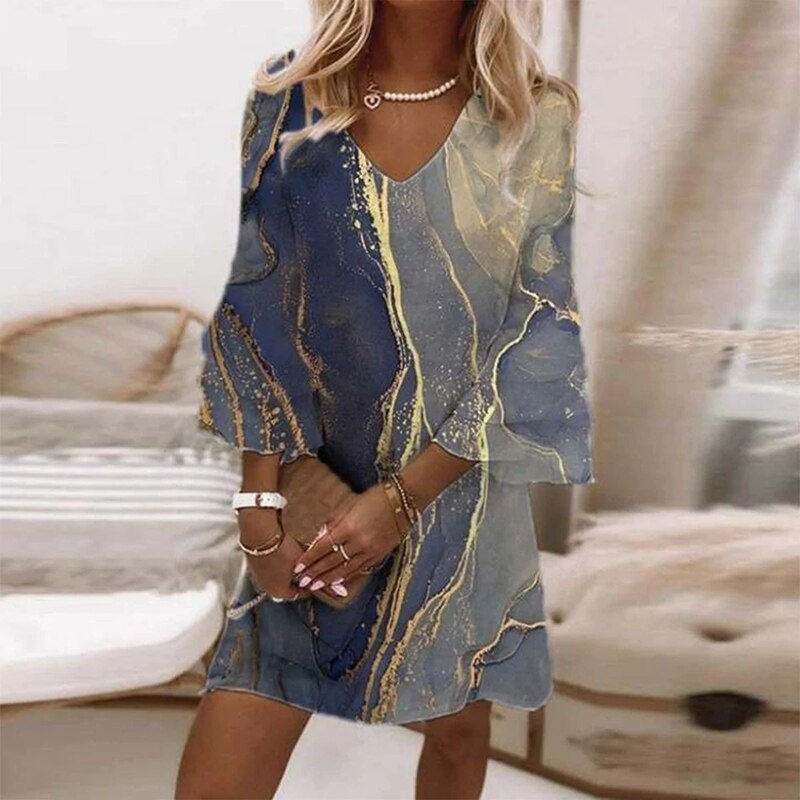 Damen Kleid Kurz V-Ausschnitt Marmorprint Leichtes Material 4