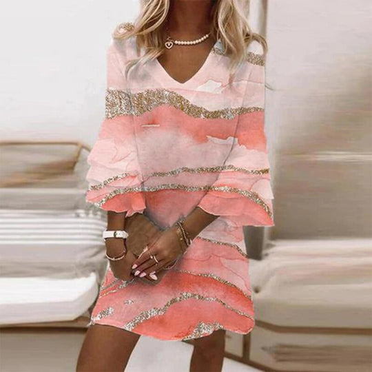 Damen Kleid Kurz V-Ausschnitt Marmorprint Leichtes Material 6