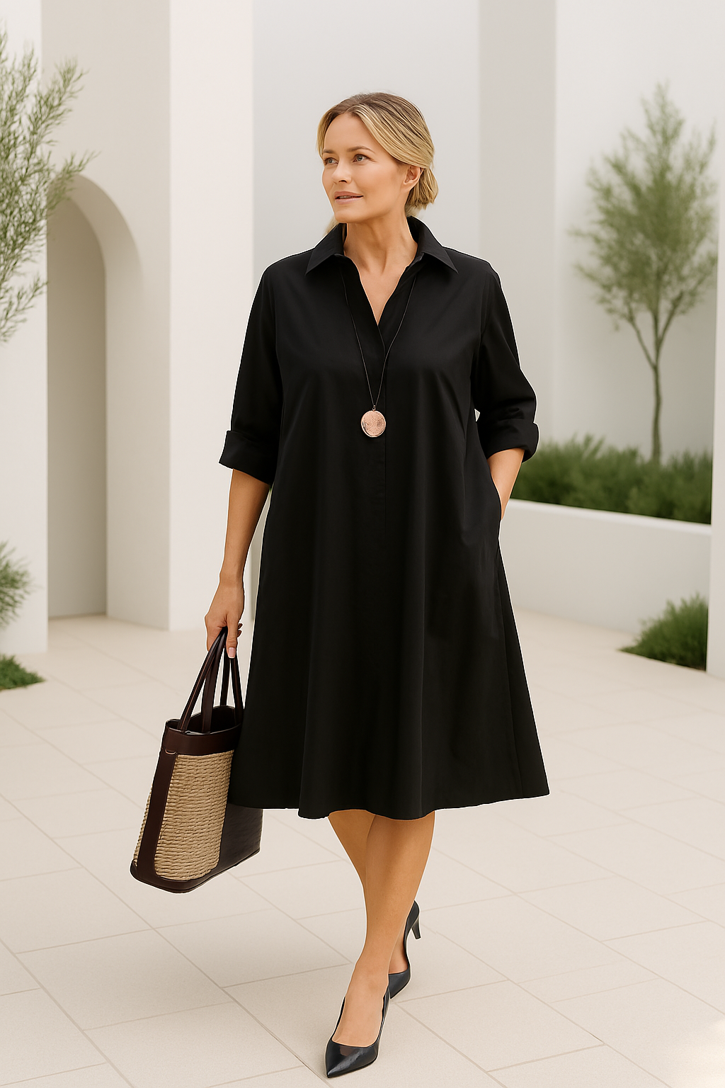 Damen Kleid Oversize Minimalistisch Hochwertiger Stoff mit Seitentaschen 1