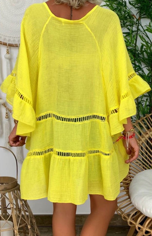 Damen Kleid V-Ausschnitt 3/4-Ärmel Baumwoll-Leinen Lockere Passform 1