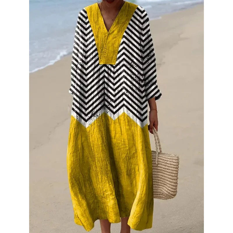 Damen Kleid V-Ausschnitt Langarm Farbblock Casual Hochwertiger Stoff 23