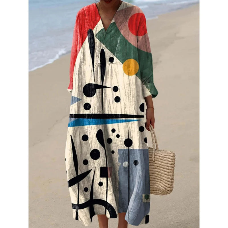 Damen Kleid V-Ausschnitt Langarm Farbblock Casual Hochwertiger Stoff 28