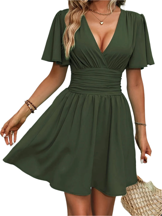 Damen Kleid mit V-Ausschnitt und geraffter Taille 0