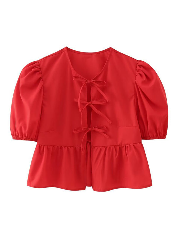 Damen Kurzarm Bluse mit Spaghetti-Trägern und Puffärmeln 0