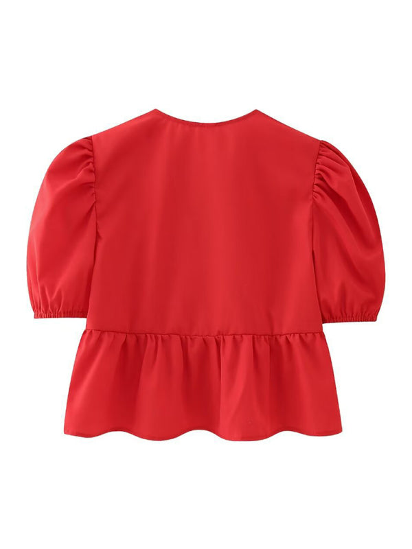 Damen Kurzarm Bluse mit Spaghetti-Trägern und Puffärmeln 4