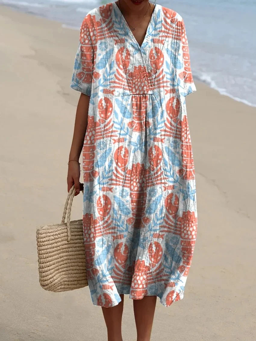 Damen Kurzarm Kleid Ozeanmotiv Bequemer Schnitt Hochwertiger Stoff 12