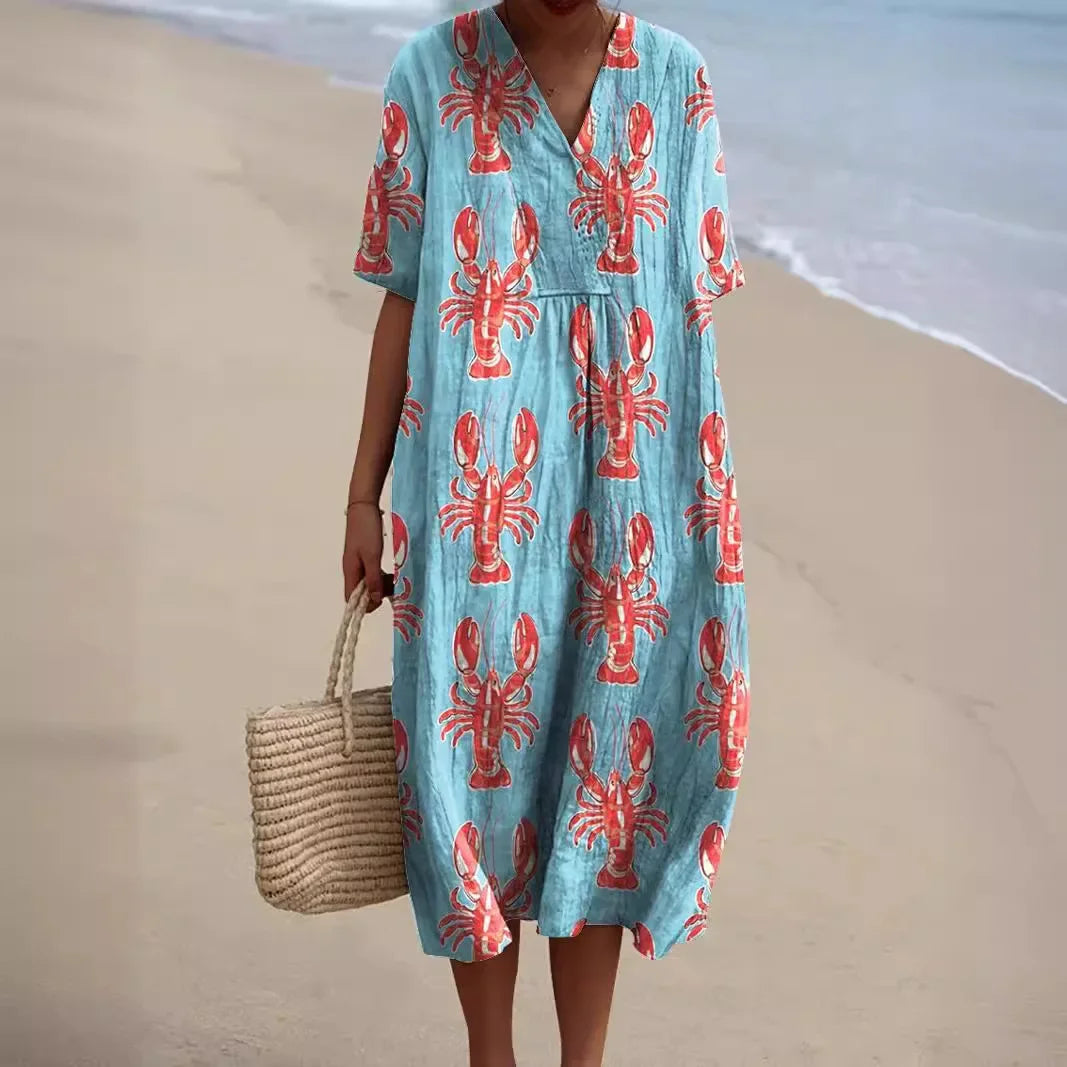 Damen Kurzarm Kleid Ozeanmotiv Bequemer Schnitt Hochwertiger Stoff 1