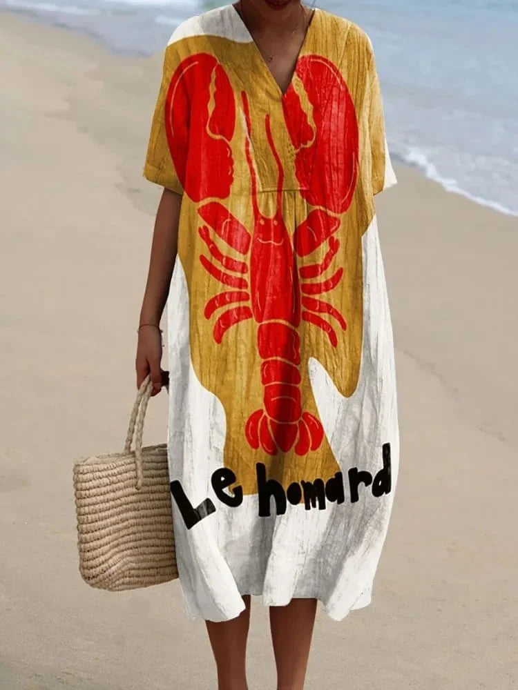 Damen Kurzarm Kleid Ozeanmotiv Bequemer Schnitt Hochwertiger Stoff 21