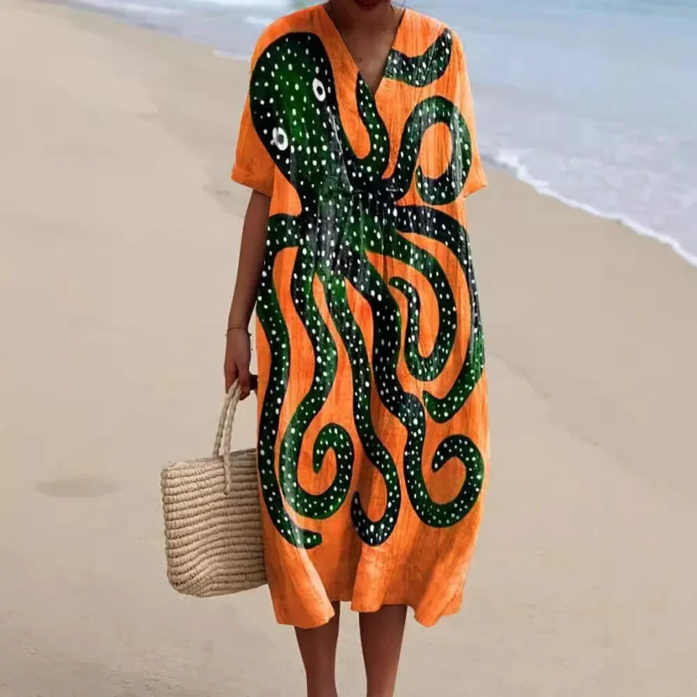 Damen Kurzarm Kleid Ozeanmotiv Bequemer Schnitt Hochwertiger Stoff 3