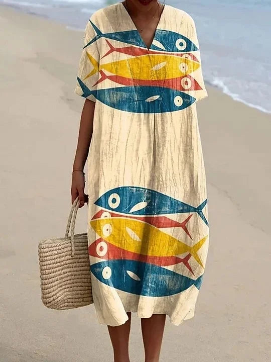 Damen Kurzarm Kleid Ozeanmotiv Bequemer Schnitt Hochwertiger Stoff 5