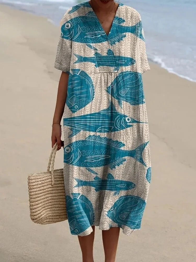 Damen Kurzarm Kleid Ozeanmotiv Bequemer Schnitt Hochwertiger Stoff 6