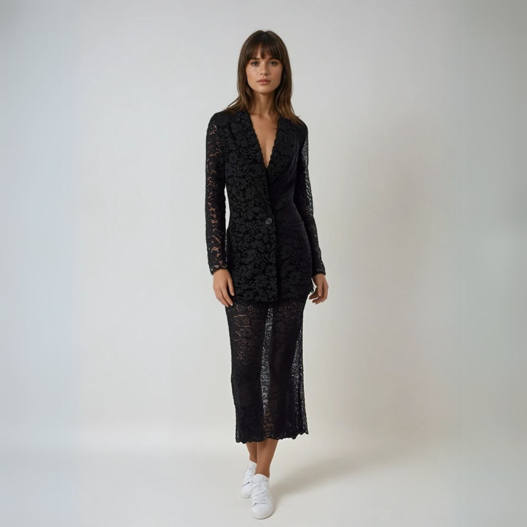 Damen Lace Blazer und Rock Set Eleganter Stil 1