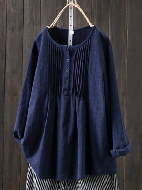 Damen Langarmshirt mit Rundhalsausschnitt aus Baumwolle und Leinen 4