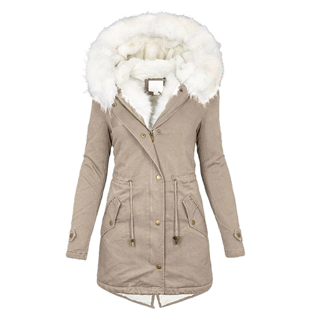 Damen Lange Winterjacke mit Kapuze und Fellkragen 0