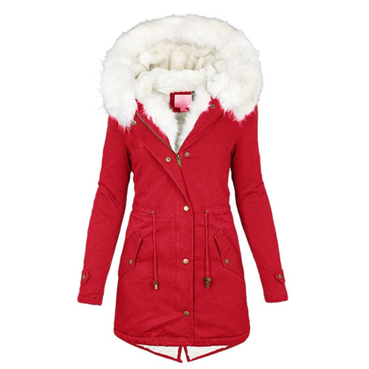 Damen Lange Winterjacke mit Kapuze und Fellkragen 1