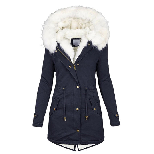 Damen Lange Winterjacke mit Kapuze und Fellkragen 3