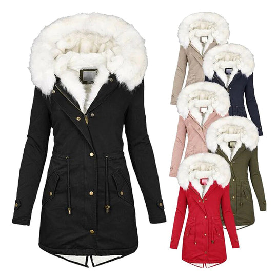 Damen Lange Winterjacke mit Kapuze und Fellkragen 6