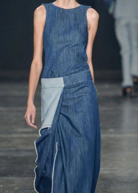 Damen Langes Jeanskleid Rüschen Ärmellos Casual 1
