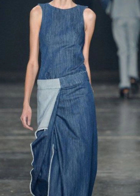 Damen Langes Jeanskleid Rüschen Ärmellos Casual 4