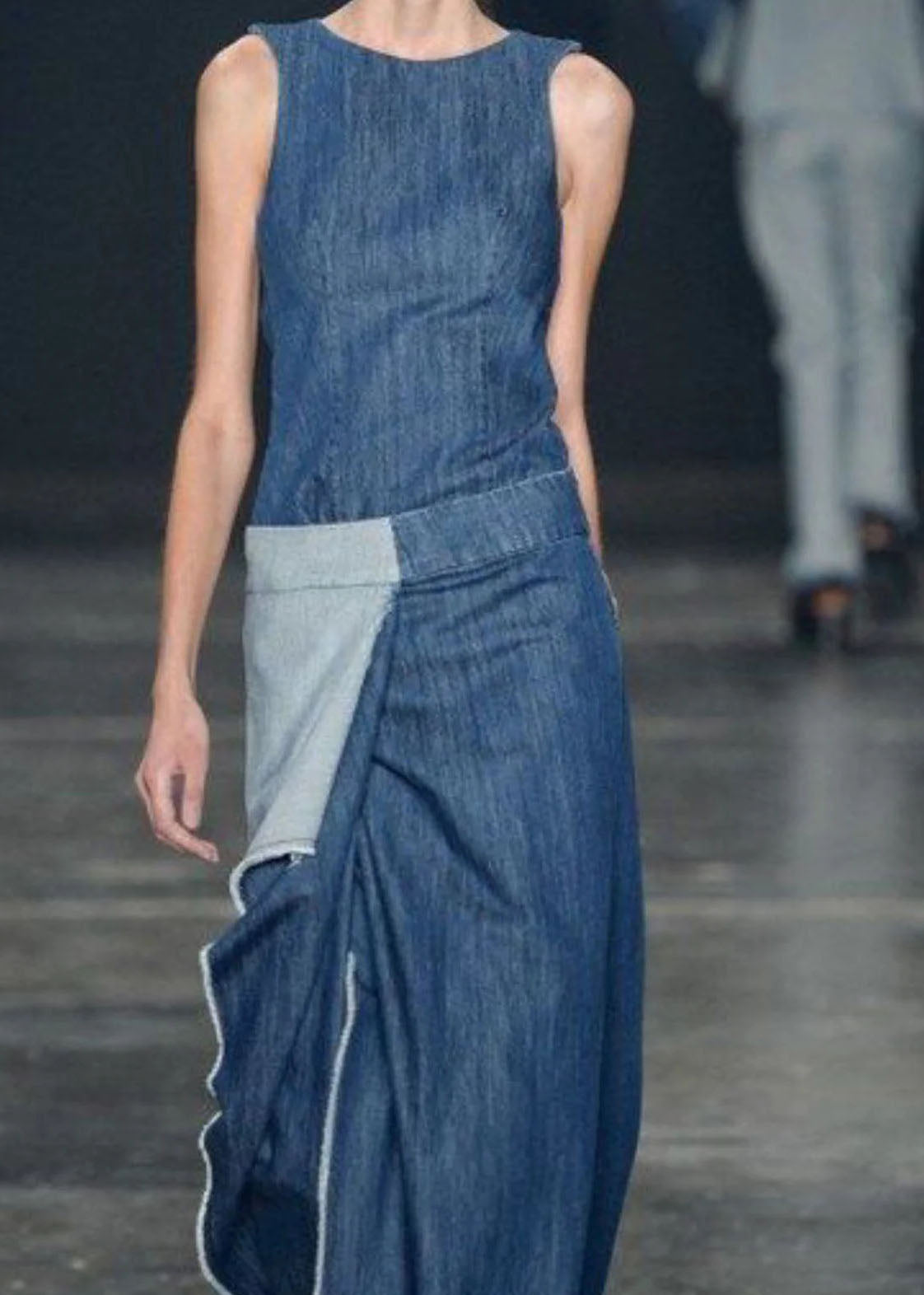 Damen Langes Jeanskleid Rüschen Ärmellos Casual 4