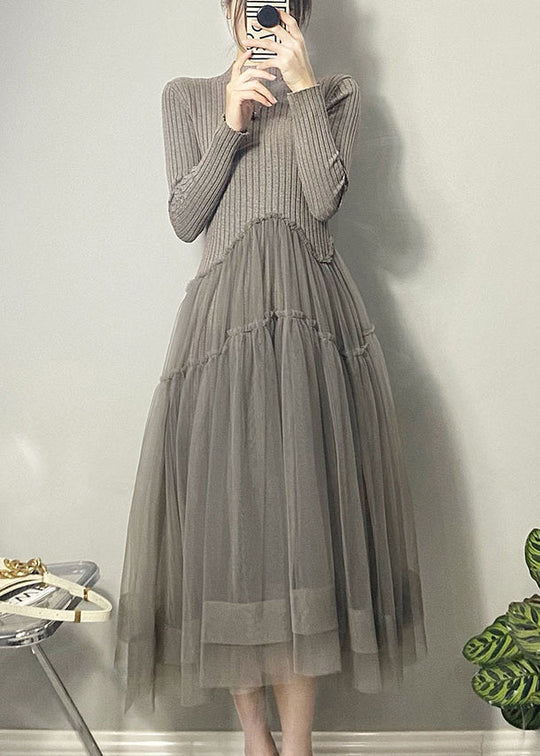 Damen Langkleid Asymmetrisch mit Tüll-Patchwork 1