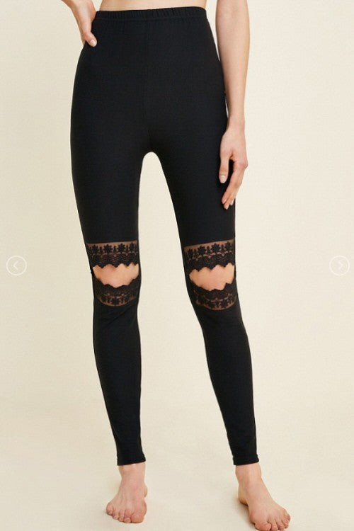Damen Leggings mit Spitzen-Ausschnitten in Schwarz 1