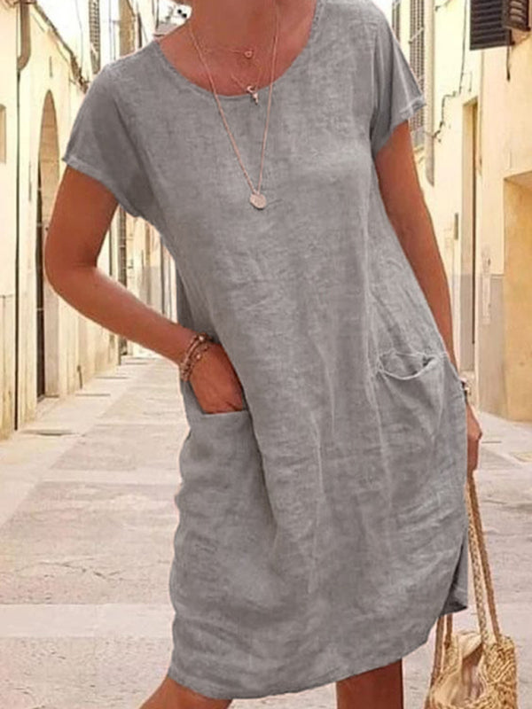 Damen Leinenkleid mit Rundhalsausschnitt und kurzen Ärmeln in einfarbig 3