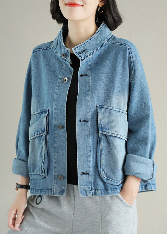 Damen Mantel Jeansstil mit Stehkragen und großen Taschen für Alltag und besondere Anlässe 1