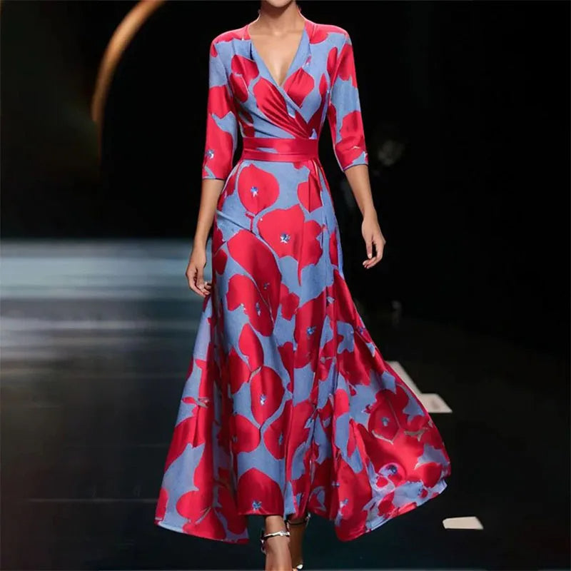 Damen Maxi Kleid Floral Druck A-Linie V-Ausschnitt 3/4 Ärmel Hochwertiger Stoff 3