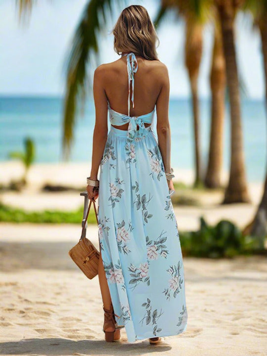 Damen Maxi Kleid Halter V-Ausschnitt Chiffon Print Boho Stil 4