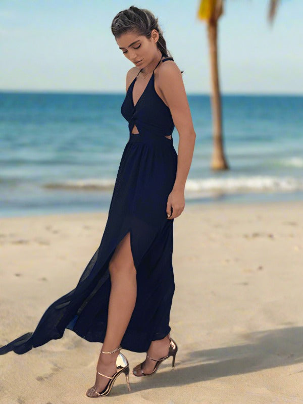 Damen Maxi Kleid Halter V-Ausschnitt Chiffon Print Boho Stil 9