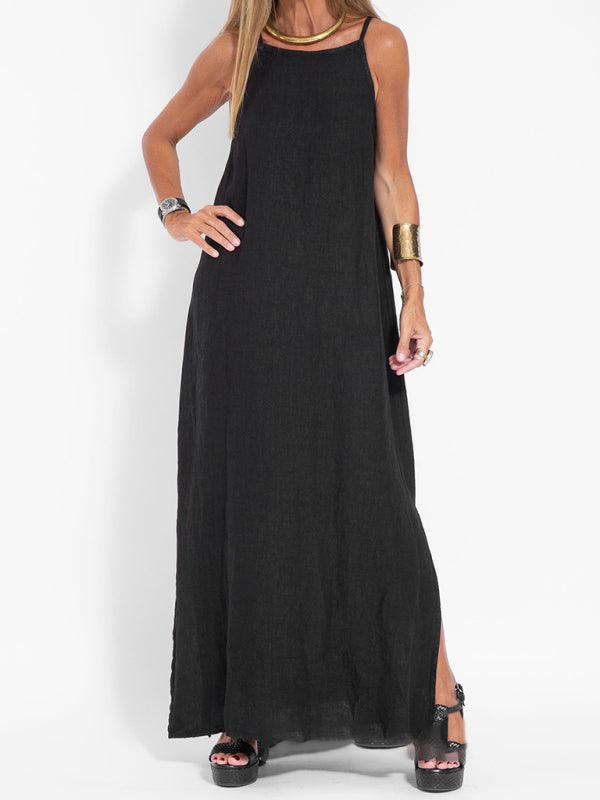 Damen Maxi Kleid Halter mit Seitenschlitz aus Baumwoll-Leinen-Mischung 9
