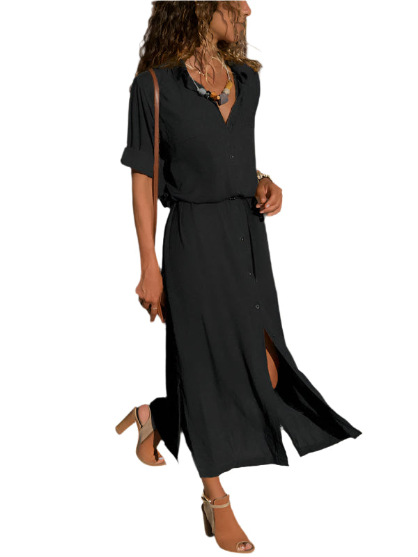 Damen Maxi Kleid Langarm Hemdblusenkleid Polyester für Sommer und Abend 0