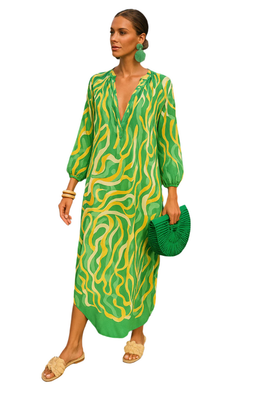 Damen Maxi Kleid Mit Tiefer V-Hals Und Verspielt-Muster 0