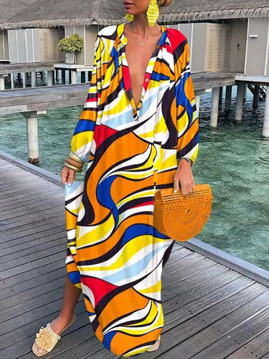 Damen Maxi Kleid Mit Tiefer V-Hals Und Verspielt-Muster 4