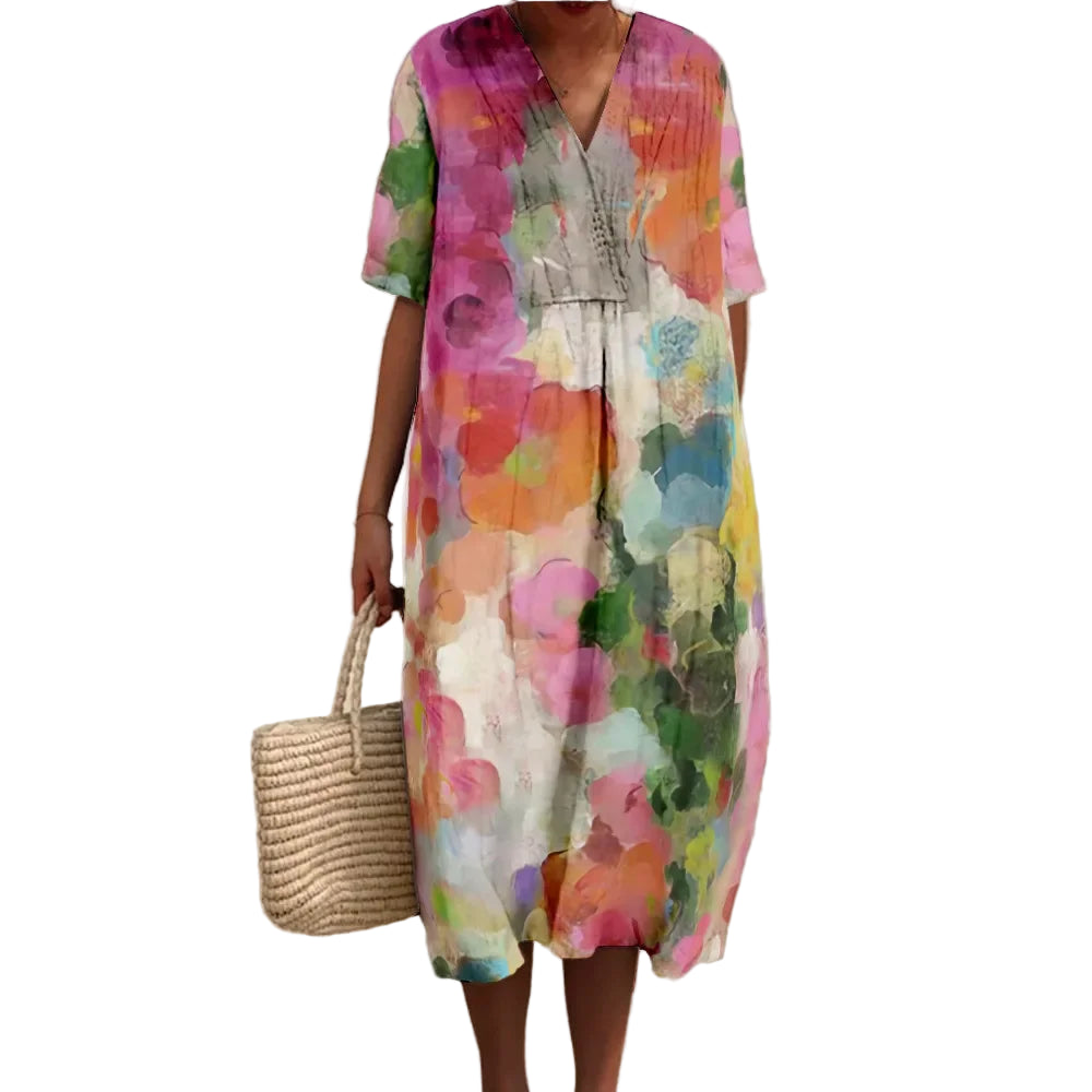 Damen Maxi Kleid V-Ausschnitt Kurzarm Digitaldruck für Sommerkleider und Hochzeitsgast 0